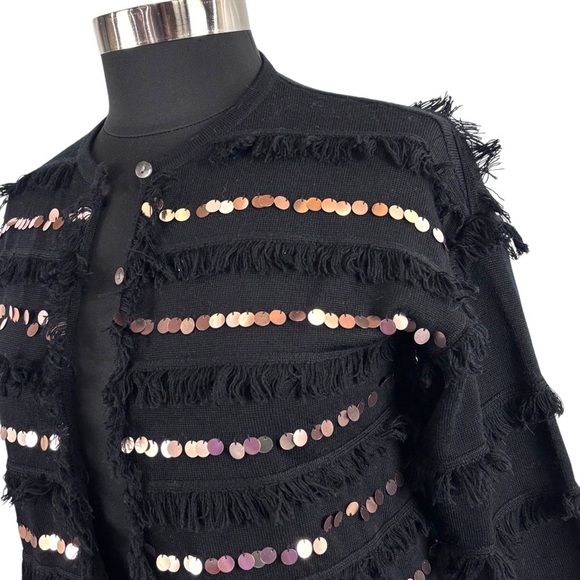 EDINBURGH KNITWEAR 100% WOOL FRINGE IRIDESCENT SEQUIN STRIPE CARDIGAN SWEATER - Picture 9 of 13